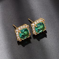 Orecchini a lobo da donna in ottone con micro pavé di zirconi cubici verdi&nbsp;EJEW-F418-19G
