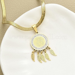 Ожерелья с подвеской в виде пера из нержавеющей стали 201 с плоским круглым кубическим цирконием NJEW-H055-04G