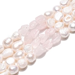 Натуральные самородки розового кварца и нити бусин из натурального культивированного пресноводного жемчуга PEAR-N023-01A-16