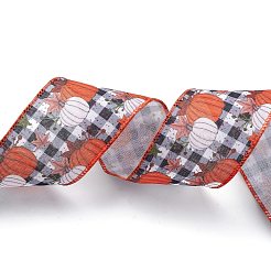 10m感謝祭のテーマのワイヤーリネンリボン  カボチャとカエデの葉の模様  サンゴ  2-1/2インチ（63mm）  約10.94ヤード（10m）/ロール&nbsp;OCOR-G013-02A