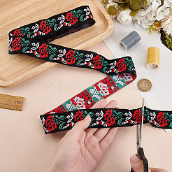 エスニックポリエステルフラワー刺繍リボン  ジャカードリボン  チロリアンリボン  服飾材料  ブラック  1-1/4インチ（33mm）&nbsp;OCOR-WH0092-16A