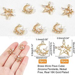 12個2スタイル真鍮製マイクロパヴェキュービックジルコニアペンダント  混合図形  18KGP本金メッキ  6個/スタイル&nbsp;ZIRC-NB0001-52G