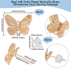 8 шт. бабочка латунная фурнитура для сережек-гвоздиков со стразами для женщин EJEW-BBC0001-91