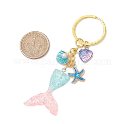 樹脂＆合金エナメルペンダントキーホルダー  鉄キーリング付き  人魚のしっぽの形とヒトデと貝殻とハート  ゴールドカラー  104mm&nbsp;KEYC-JKC01125