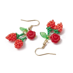 桜の花と304ステンレススチールガラスシードビーズダングルイヤリング  釣り糸ナイロンワイヤー＆アクリルチャーム＆樹脂  ゴールドカラー  レッド  42x18mm&nbsp;EJEW-MZ00419-03