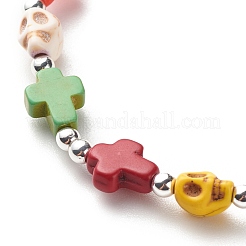 Эластичный браслет из синтетической бирюзы (окрашенной) с крестом и черепом из бисера&nbsp;BJEW-JB08451-02