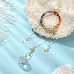ワイヤーで包まれたチャクラ宝石と真鍮のペンダント装飾  ガラスチャーム付き  家の装飾用  リング  300mm&nbsp;HJEW-TA00075-03