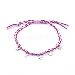 Bracelets de perles de nylon tressés réglables, avec 304 breloques croix en acier inoxydable, couleur inoxydable, lilas, diamètre intérieur: 5/8~2-7/8 pouce (1.7~7.4 cm)