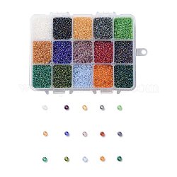 375g 15 couleurs 12/0 grade a perles de rocaille en verre rondes, couleurs transparentes arc, couleur mixte, 2x1.5mm, Trou: 0.9mm, 25 g / couleur, environ 25000 pcs / boîte