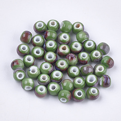 Manuell Porzellan Perlen, Phantasie antiken glasiertem Porzellan, Runde, grün, 6~7x5.5~6 mm, Bohrung: 2~2.5 mm