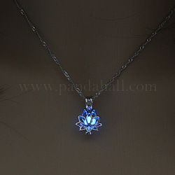 Collana con pendente a gabbia di loto in lega con pietra sintetica dei luminari, bagliore nel buio gioielli per le donne, blu fiordaliso, 17.72 pollice (45 cm)
