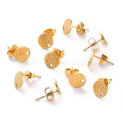 Ion Plating(IP) 304 Stainless Steel Stud Earring Findings, Textured Flat Round, Golden, 8x1mm, Hole: 1.4mm, Pin: 0.8mm