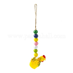Decorazioni ciondolo gallo di plastica a tema pasquale, con corda di canapa e perline di legno, giallo, 240mm