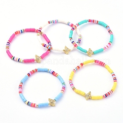 Handmade Polymer Clay Heishi Bead Stretch Bracelets, with Conch Shape Brass Clear Cubic Zirconia Beads and Round Brass Beads, Mixed Color, 2-1/4 inch(5.7cm)