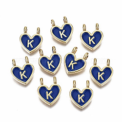 Lega di fascini dello smalto,  cadmio& piombo libero, cuore con lettere iniziali, oro chiaro, blu, letter.k, 14.5x11.5x4.5mm, Foro: 2 mm