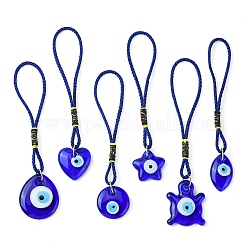 Decoraciones colgantes de murano de mal de ojo, Adornos colgantes con lazo trenzado de poliéster., forma mixta, azul, 124~140mm, 6 PC / sistema