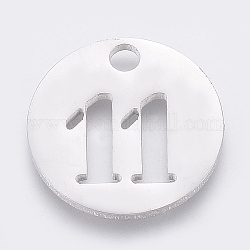 304 Stainless Steel Pendants, Cut-Out, Hollow, Flat Round with Number, Stainless Steel Color, Num.11, 19x1.5mm, Hole: 2.5mm