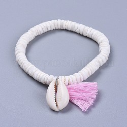Cotton Thread Tassels Charm Bracelets, with Shell Beads and Cowrie Shell Beads, with Burlap Paking Pouches Drawstring Bags, Pearl Pink, 2 inch(5~5.1cm)