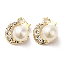 Lega con pendenti in strass, con abs imitazione perla, charms luna, oro, 18.5x16x11.5mm, Foro: 2.2 mm