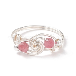 Natürlicher Turmalin-Perlen-Spiral-Fingerring, Messingdrahtwickelschmuck für Frauen, Silber, uns Größe 8 1/2 (18.5mm)
