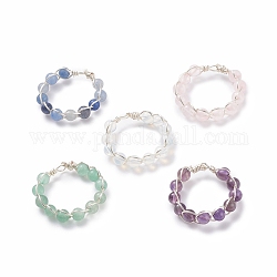 Bague ronde en perles tressées avec pierres précieuses mélangées, bijoux en fil de laiton pour femmes, couleur d'argent, diamètre intérieur: 16.5~17.5 mm