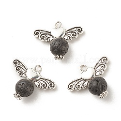 Pendenti in pietra lavica naturale, con ali in lega placcata argento antico, angelo, nero, 18.5x23.5x8~9mm, Foro: 2.2 mm
