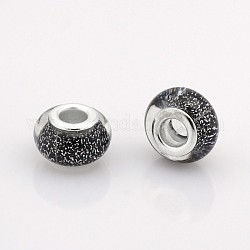 Large Hole Rondelle Resin European Beads, with Silver Tone Brass Cores, Black, 14x9mm, Hole: 5mm