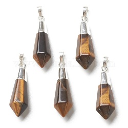 Natural Tiger Eye Pendants, with Silver Brass Findings, Faceted, Bullet, 40x12x11mm, Hole: 7x5mm