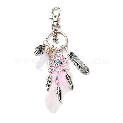 Porte-clés pendentif en alliage et verre, avec l'anneau de la clé de fer, gland de plumes, filet/toile tissé avec plume, balle et main de hamsa, rose, 10 cm