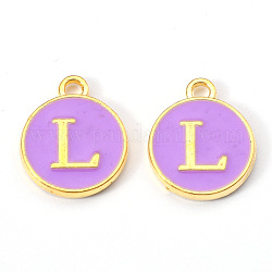 Golden Plated Alloy Enamel Charms, Enamelled Sequins, Flat Round with Letter, Medium Purple, Letter.L, 14x12x2mm, Hole: 1.5mm