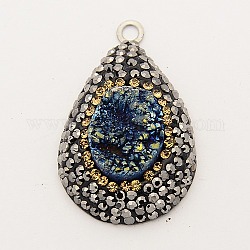Natural Electroplate Druzy Crystal Rhinestone Pendants, with 316 Stainless Steel Findings, Teardrop, Stainless Steel Color, 40x26x7~10mm, Hole: 2.5mm