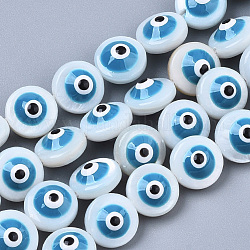 Perles de coquillages naturels d'eau douce, paillettes émaillées, rond et plat avec des mauvais œil, bleuet, 8x6mm, Trou: 0.8~1mm