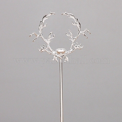 Iron Hair Stick Findings, with Alloy Cabochons Setting, Antler, Silver, Tray: 10mm, 158x55x11mm