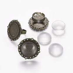 Diy Ring machen, Vintage verstellbare Eisenringkomponenten, mit Klarglas Cabochons, Flachrund, Antik Bronze, Fach: 20 mm, Ring: Größe 7, 17 mm, Cabochon: 19.5~20x5.5 mm, 2 Stück / Set