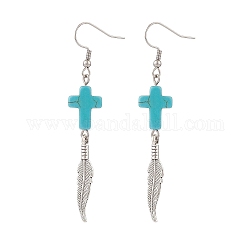 Synthetic Turquoise Cross with Alloy Feather Dangle Earrings, 316 Stainless Steel Long Drop Earrings for Woman, Antique Silver, 70mm, Pin: 0.7mm
