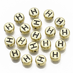 Plating Acrylic Beads, Horizontal Hole, Flat Round with Letter, Golden Plated, Black, Letter.H, 7x4mm, Hole: 1.2mm.