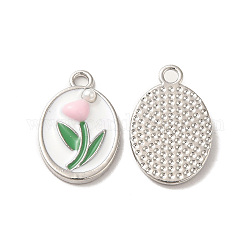 Pendentifs en alliage d'émail avec perle en plastique abs perlé, sans nickel  , ovale avec breloques fleurs, platine, 20x13x3mm, Trou: 2mm