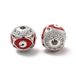 Perles de zircone cubique micro pave en Laiton, rond avec mauvais œil en émail, platine, rouge, 10x9.5mm, Trou: 1.6mm