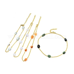 Natural Mixed Gemstone Nuggets Beaded Anklet with Vacuum Plating 304 Stainless Steel Chains, 8-1/8~10 inch(20.6~25.4cm)
