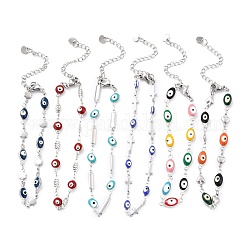 304 Stainless Steel Link Chain Bracelets, with Enamel, Evil Eye, Mixed Color, Stainless Steel Color, 7-1/4~8-3/8 inch(18.5~21.2cm)