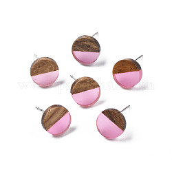 Aretes de resina transparente y madera de nogal, 316 con pasadores de acero inoxidable, plano y redondo, rosa perla, 10mm, pin: 0.7 mm