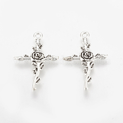 Tibetan Style Alloy Pendants, Cross with Rose, Cadmium Free & Lead Free,, Antique Silver, 34.5x23.5x3mm, Hole: 2mm