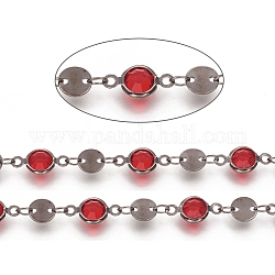 3.28 Feet Handmade Flat Round Glass Beaded Chains, with Brass Links, Long-Lasting Plated, Soldered, Red, Gunmetal, 13x7x3mm