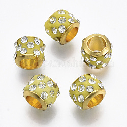 Perles européennes en laiton, avec strass en pâte polymère, Perles avec un grand trou   , rondelle, or, vert jaune, 9x7.5mm, Trou: 4.5mm