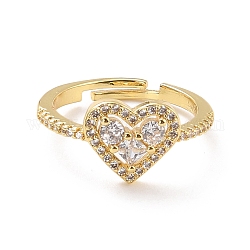 Heart Cubic Zirconia Adjustable Finger Ring for Valentine's Day, Real 18K Gold Plated Brass Ring, Cadmium Free & Lead Free, Clear, US Size 7 1/4(17.5mm)