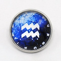 Platinum Plated Brass Glass Flat Round with Blue Constellation/Zodiac Sign Jewelry Snap Buttons, Cadmium Free & Nickel Free & Lead Free, Aquarius, 18x9mm, Knob: 5.5mm