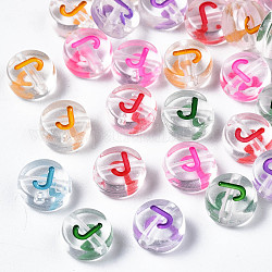 Perles acryliques transparentes transparentes, trou horizontal, plat rond avec lettre de couleurs mélangées, letter.j, 7x3.5mm, Trou: 1.2mm, environ 3700 pcs/500 g