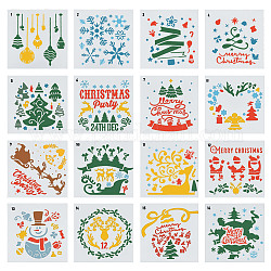16 個 16 スタイルクリスマステーマペットプラスチック中空描画絵画ステンシルテンプレート  クリスマス テーマ 模様の正方形  ホワイト  130x130x0.3mm  1個/スタイル