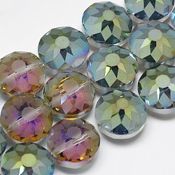 Electroplate Glass Beads Strands, Frosted, Rainbow Plated, Faceted, Flat Round, Medium Sea Green, 14x8~10mm, Hole: 1.5mm, about 50pcs/strand, 26.77 inch
