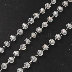 Chaînes de perles de rondelle de verre, avec accessoires en 304 acier inoxydable, soudé, avec bobine, couleur inoxydable, 2x1.5x0.2mm, 4x2mm